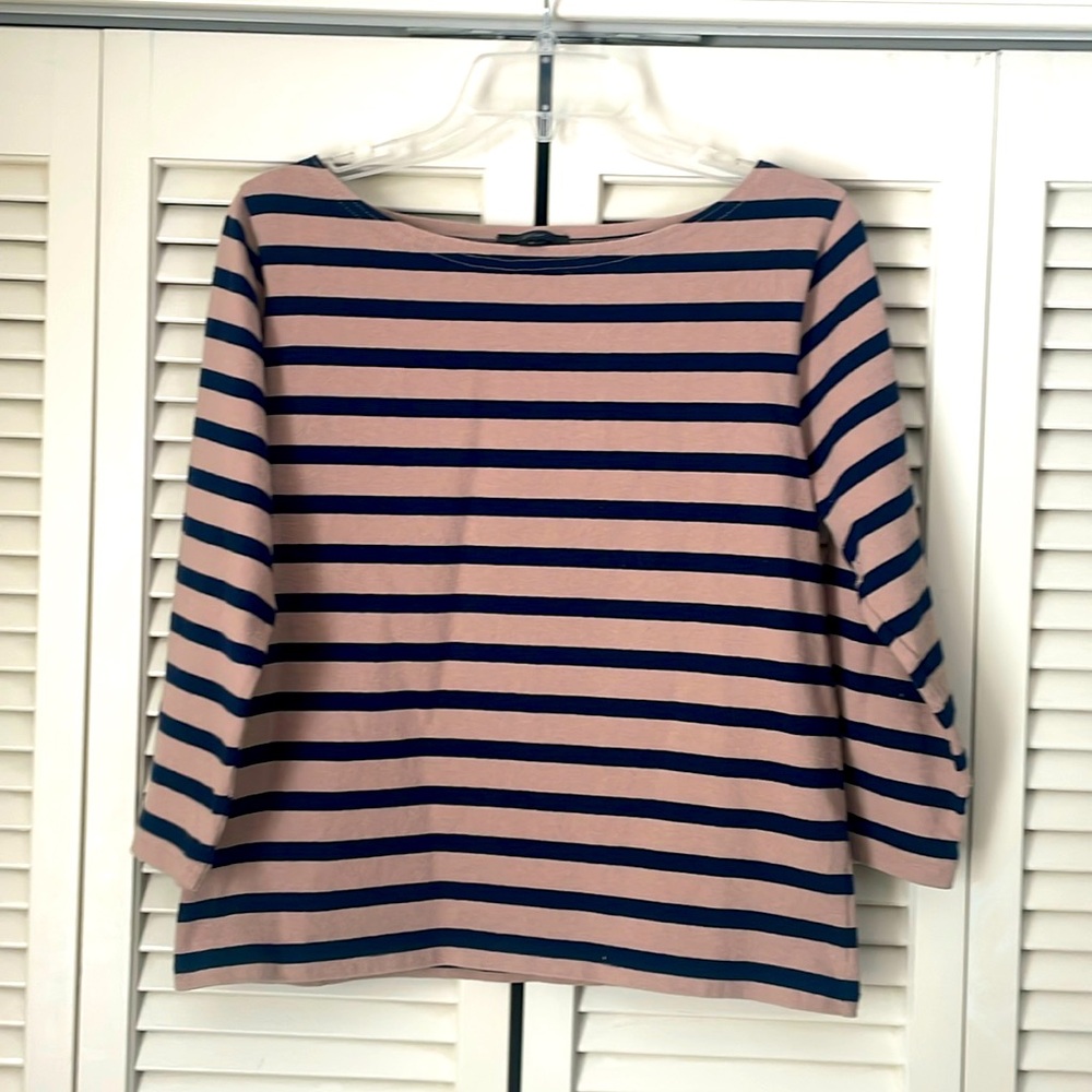 J. Crew structured boatneck taupe/ navy stripe Small 3/4 length sleeves preppy